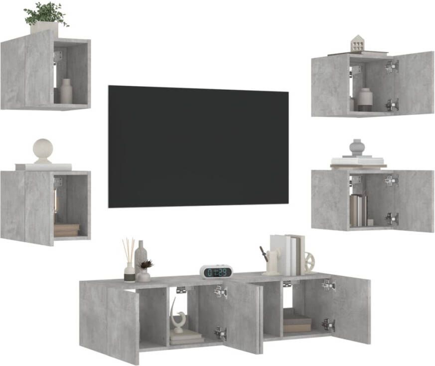 VidaXL -6-delige-Tv-wandmeubelset-met-LED-bewerkt-hout-betongrijs - Foto 4