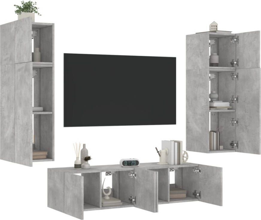 VidaXL -6-delige-Tv-wandmeubelset-met-LED-bewerkt-hout-betongrijs - Foto 4