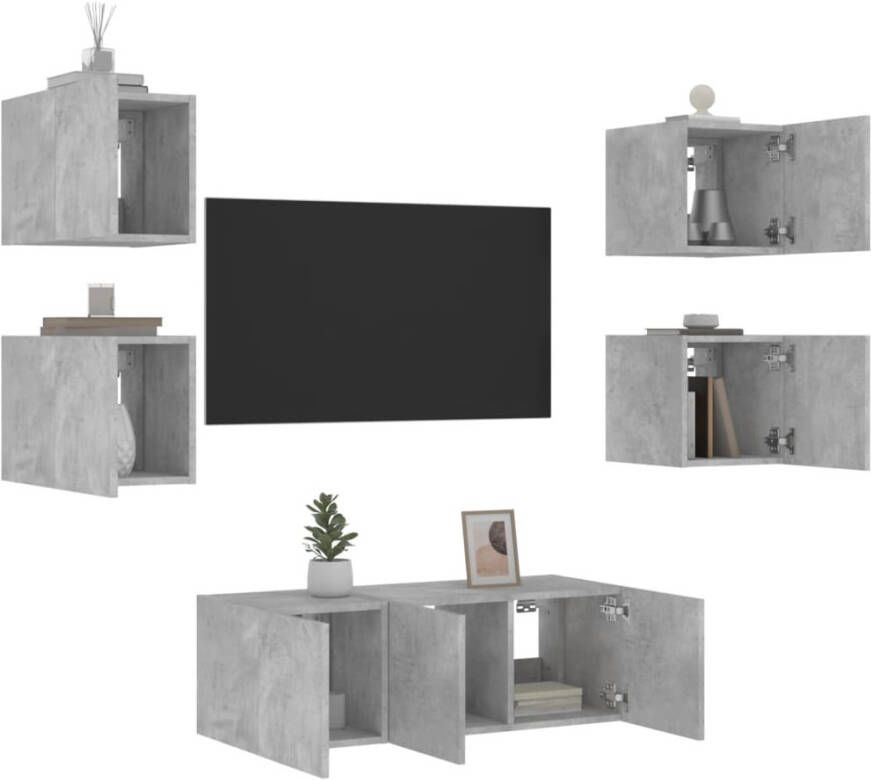 VidaXL -6-delige-Tv-wandmeubelset-met-LED-bewerkt-hout-betongrijs - Foto 4