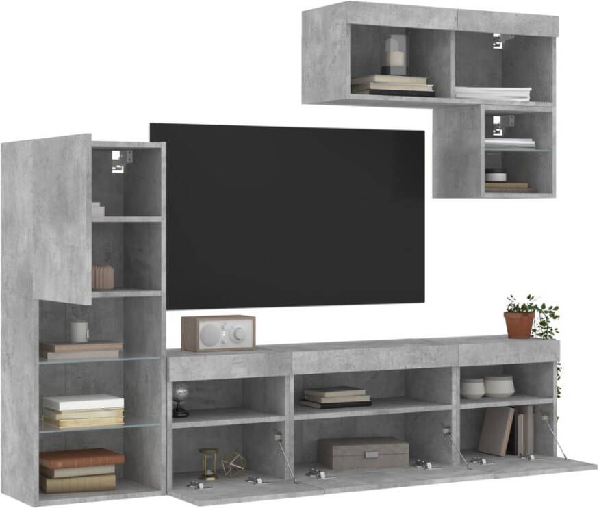 VidaXL -6-delige-Tv-wandmeubelset-met-LED-bewerkt-hout-betongrijs - Foto 2