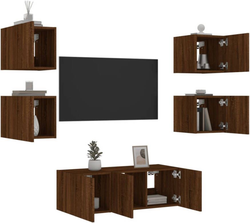 VidaXL -6-delige-Tv-wandmeubelset-met-LED-bewerkt-hout-bruineikenkleur - Foto 4