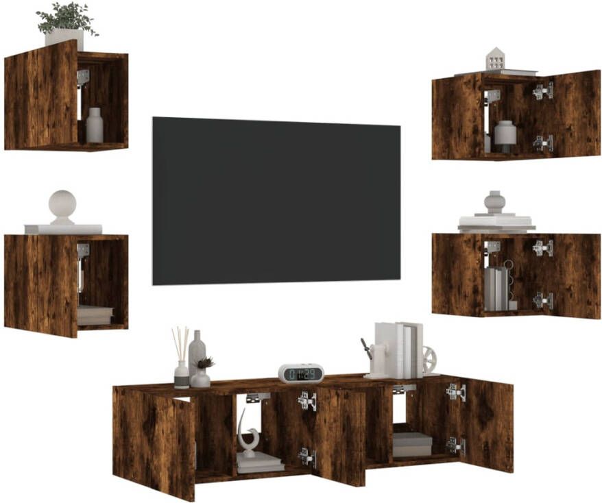 VidaXL -6-delige-tv-wandmeubelset-met-LED-bewerkt-hout-gerookt-eiken - Foto 4