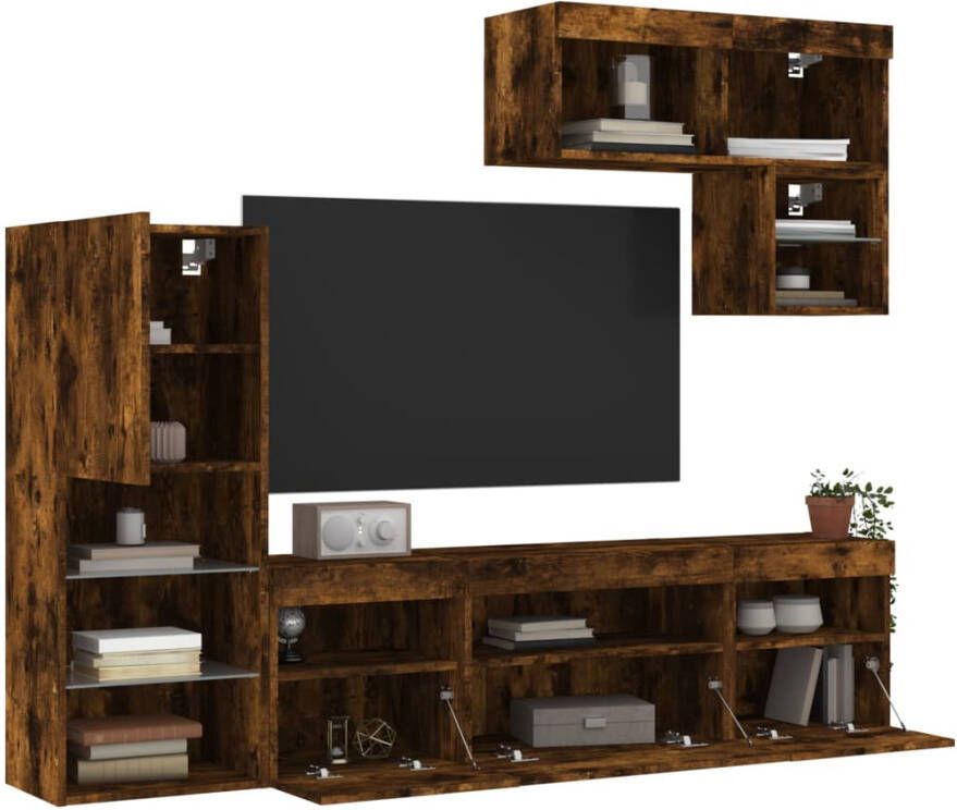 VidaXL -6-delige-tv-wandmeubelset-met-LED-bewerkt-hout-gerookt-eiken - Foto 2