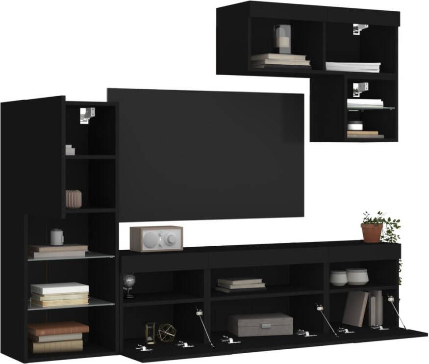 VidaXL -6-delige-Tv-wandmeubelset-met-LED-bewerkt-hout-zwart - Foto 2