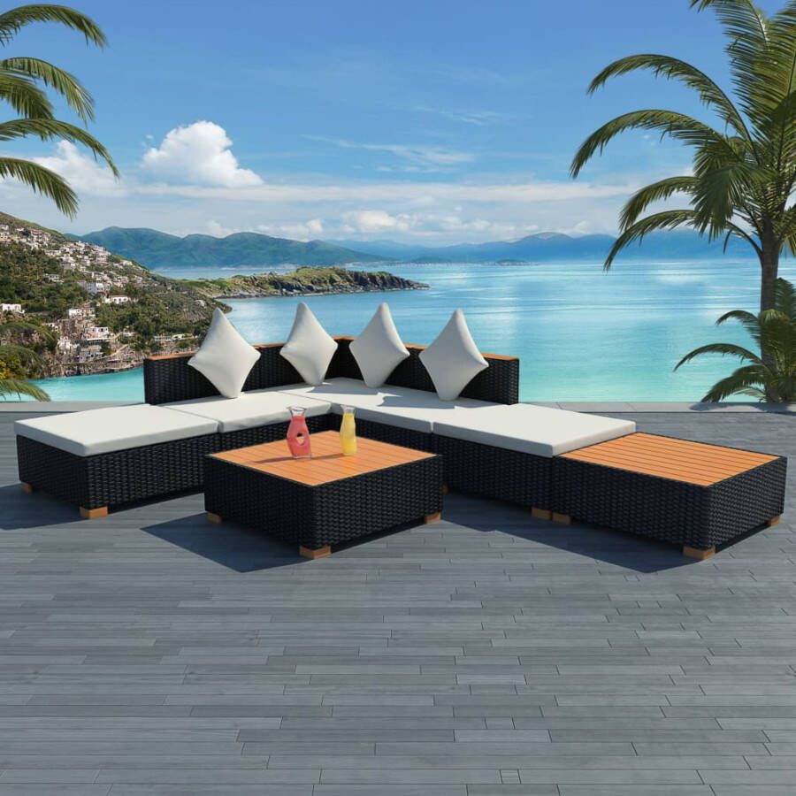 VIDAXL 7-delige Loungeset met kussens poly rattan zwart - Foto 4