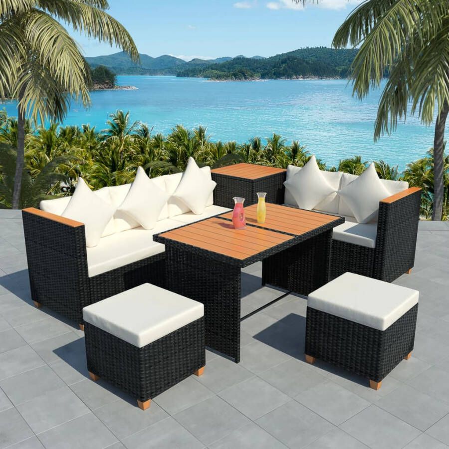 VidaXL 7-delige Loungeset met kussens poly rattan zwart