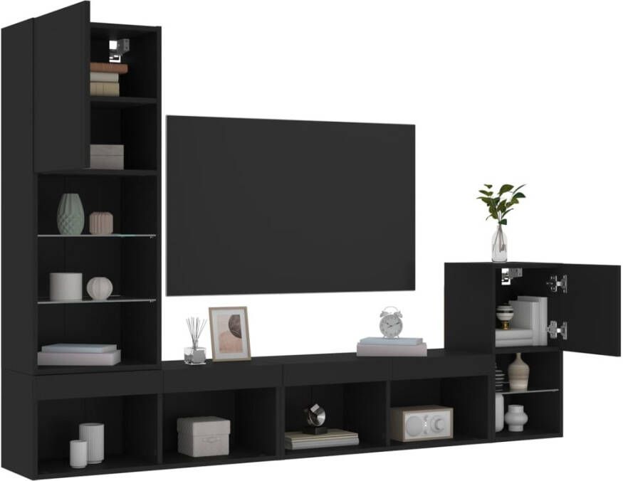 VidaXL -7-delige-tv-wandmeubelset-met-LED-bewerkt-hout-zwart - Foto 2