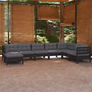 VIDAXL 8-delige Loungeset met kussens massief grenenhout zwart