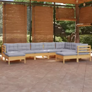 VIDAXL 9-delige Loungeset met grijze kussens massief grenenhout