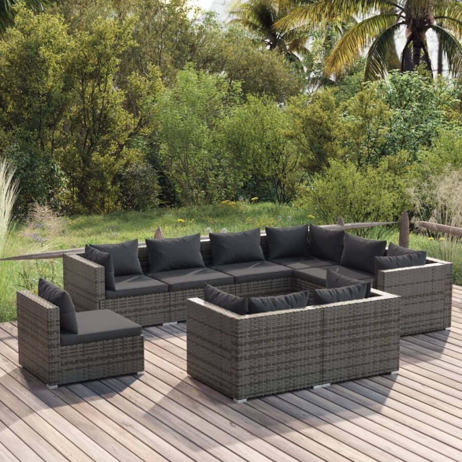 VIDAXL 9-delige Loungeset met kussens poly rattan grijs - Foto 4