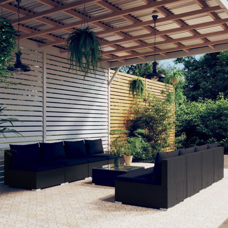 VIDAXL 9-delige Loungeset met kussens poly rattan zwart