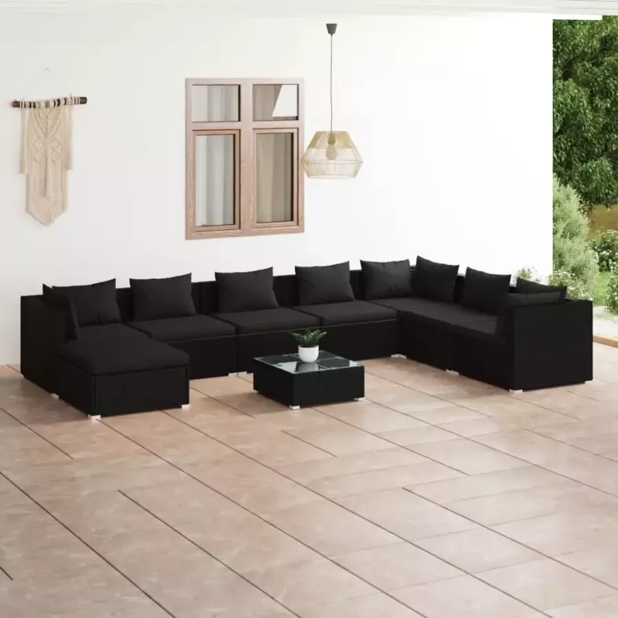 VidaXL 9-delige Loungeset met kussens poly rattan zwart