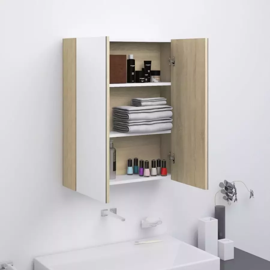 VidaXL Badkamerkast met spiegel 60x15x75 cm MDF wit en eikenkleurig - Foto 4