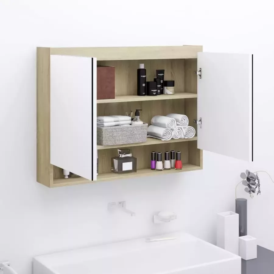 VIDAXL Badkamerkast met spiegel 80x15x60 cm MDF wit en eikenkleurig - Foto 4
