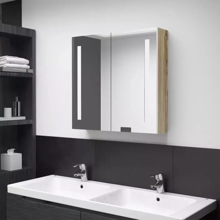 VIDAXL Badkamerkast met spiegel en LED 62x14x60 cm wit en eikenkleurig - Foto 1