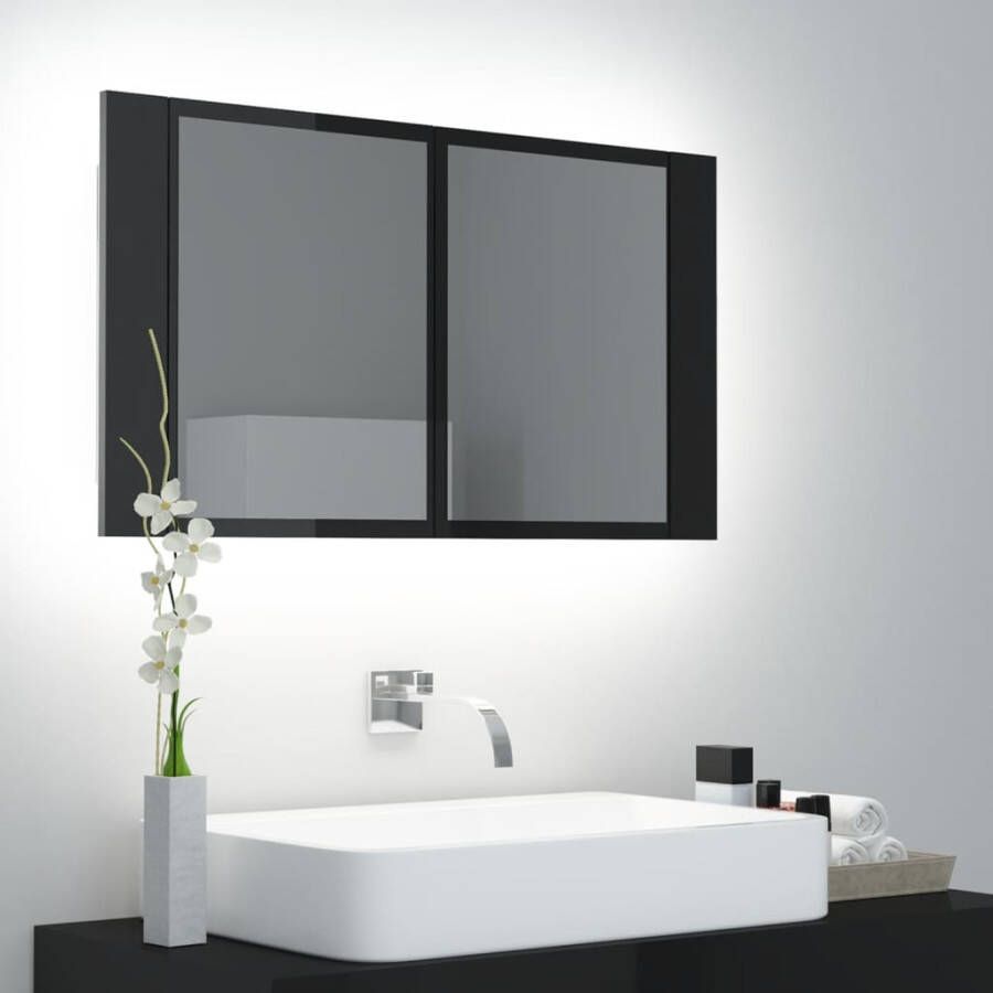 VIDAXL Badkamerkast met spiegel en LED 80x12x45 acryl hoogglans zwart - Foto 3