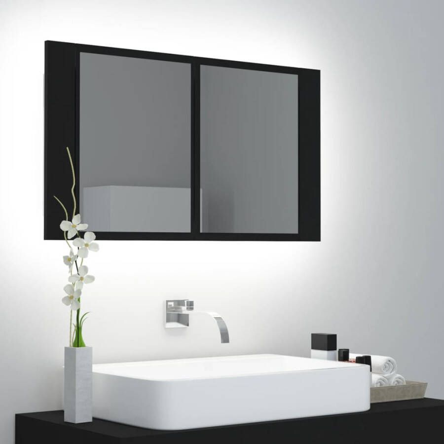 VIDAXL Badkamerkast met spiegel en LED 80x12x45 cm acryl zwart - Foto 3
