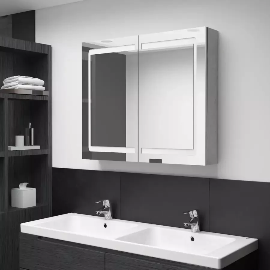 VIDAXL Badkamerkast met spiegel en LED 80x12x68 cm betongrijs - Foto 3