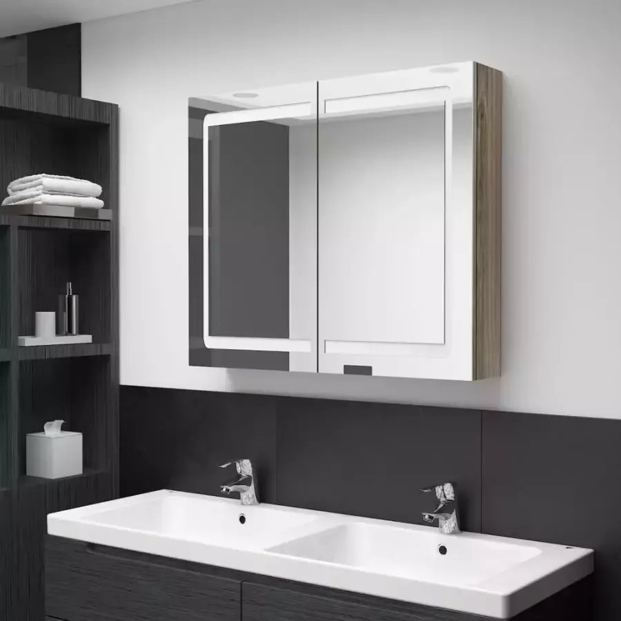 VIDAXL Badkamerkast met spiegel en LED 80x12x68 cm eikenkleurig - Foto 4