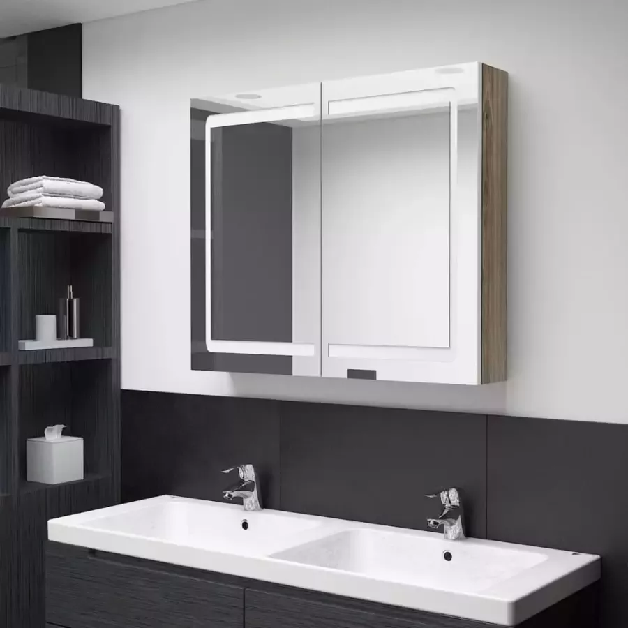 VIDAXL Badkamerkast met spiegel en LED 80x12x68 cm wit en eikenkleurig - Foto 4
