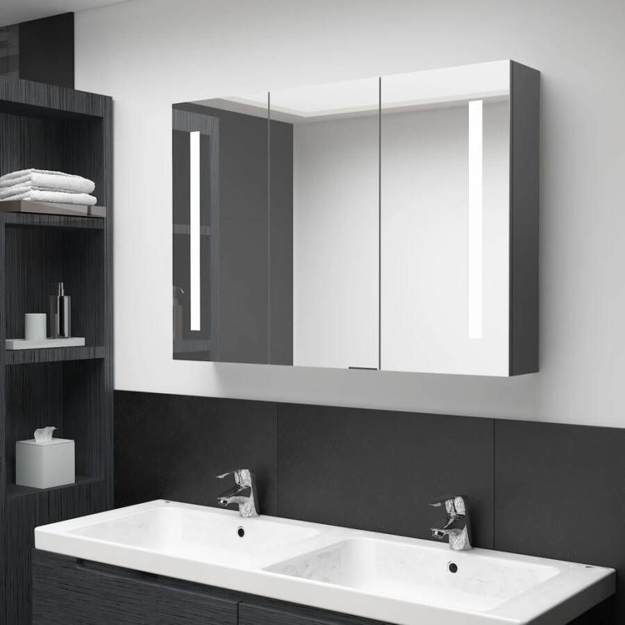 VidaXL Prolenta Premium Badkamerkast met spiegel en LED 89x14x62 cm grijs - Foto 1
