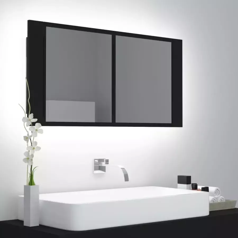 VIDAXL Badkamerkast met spiegel en LED 90x12x45 cm acryl zwart - Foto 2