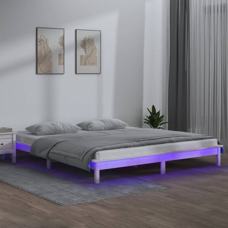 VidaXL -Bedframe-LED-massief-hout-wit-160x200-cm