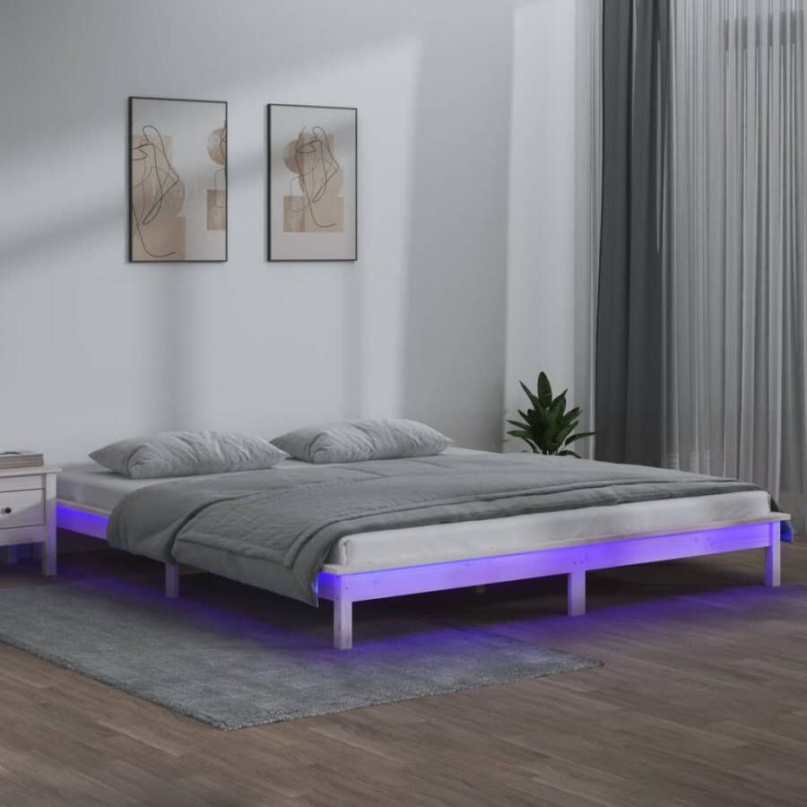 VidaXL Bedframe LED massief hout wit 180x200 cm 6FT Super King