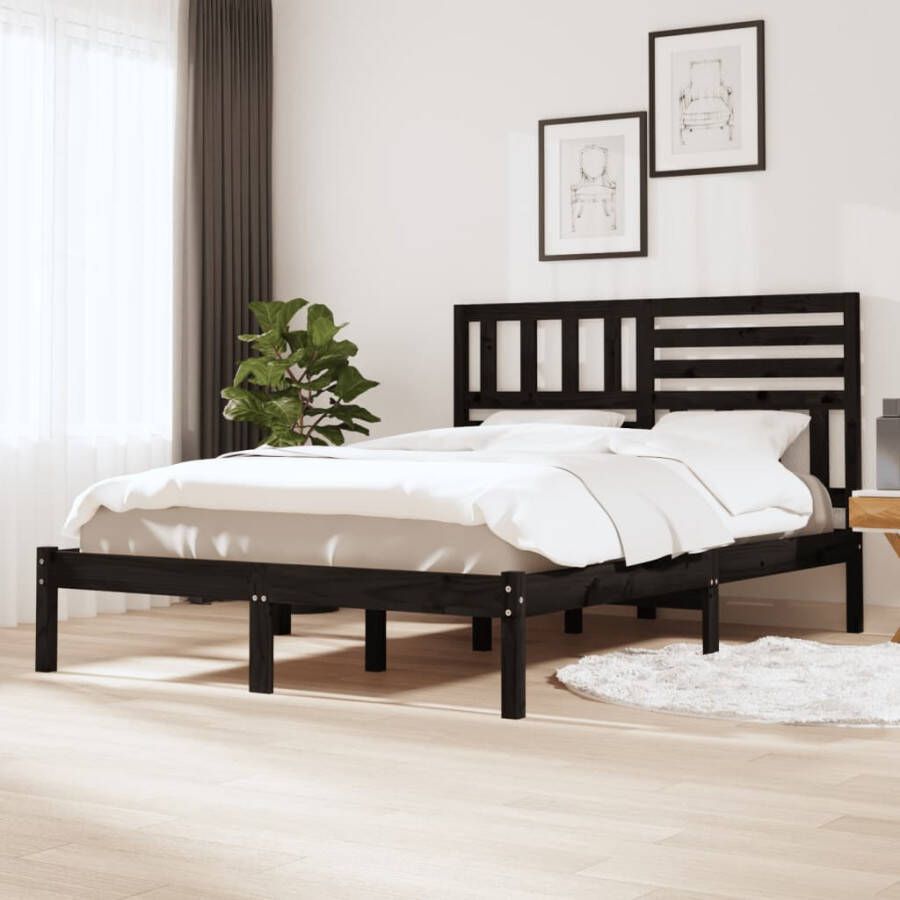 VidaXL -Bedframe-massief-grenenhout-zwart-150x200-cm-5FT-king-size