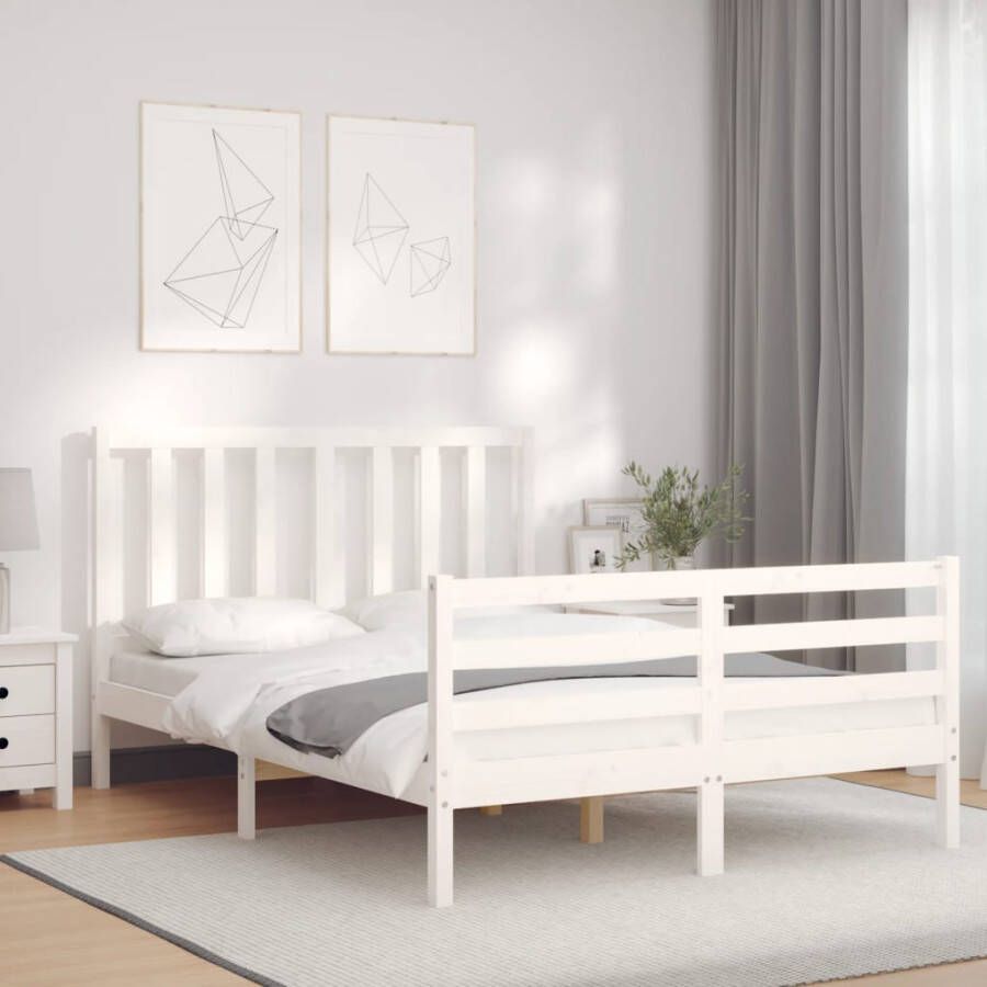VidaXL -Bedframe-met-hoofdbord-massief-hout-wit-4FT6-Double