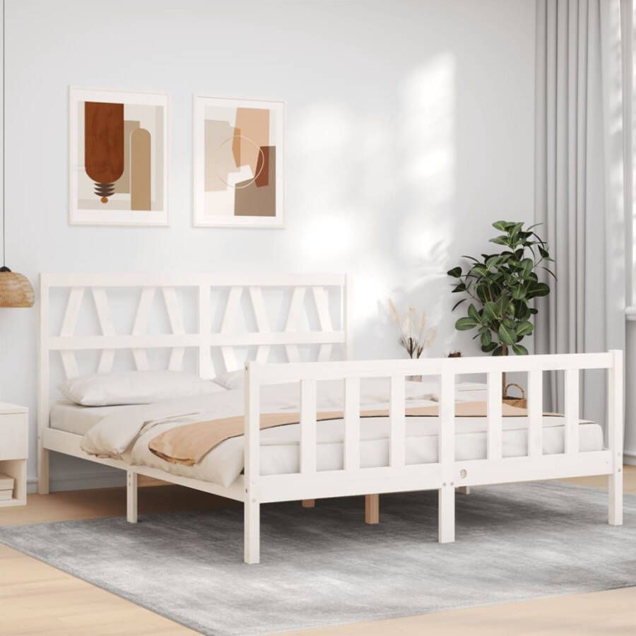 VidaXL -Bedframe-met-hoofdbord-massief-hout-wit-5-FT-King-Size - Foto 18