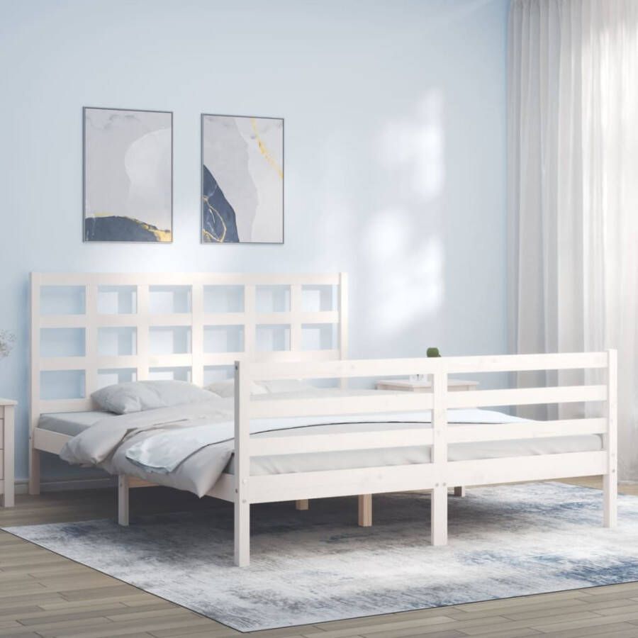 VidaXL -Bedframe-met-hoofdbord-massief-hout-wit-5-FT-King-Size