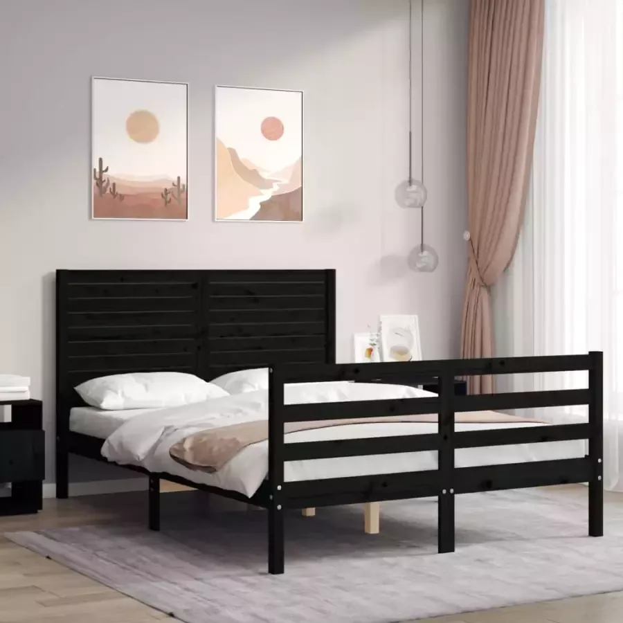 VidaXL -Bedframe-met-hoofdbord-massief-hout-zwart-4FT6-Double - Foto 1