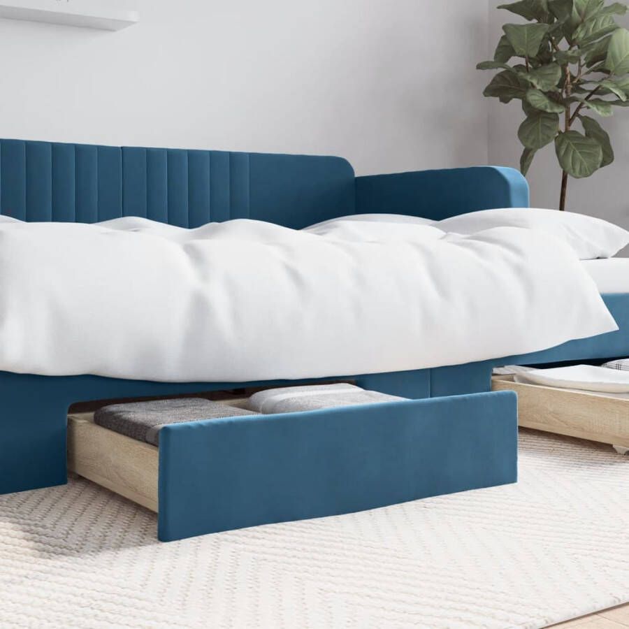 VIDAXL Bedlades 2 st bewerkt hout en fluweel blauw - Foto 4