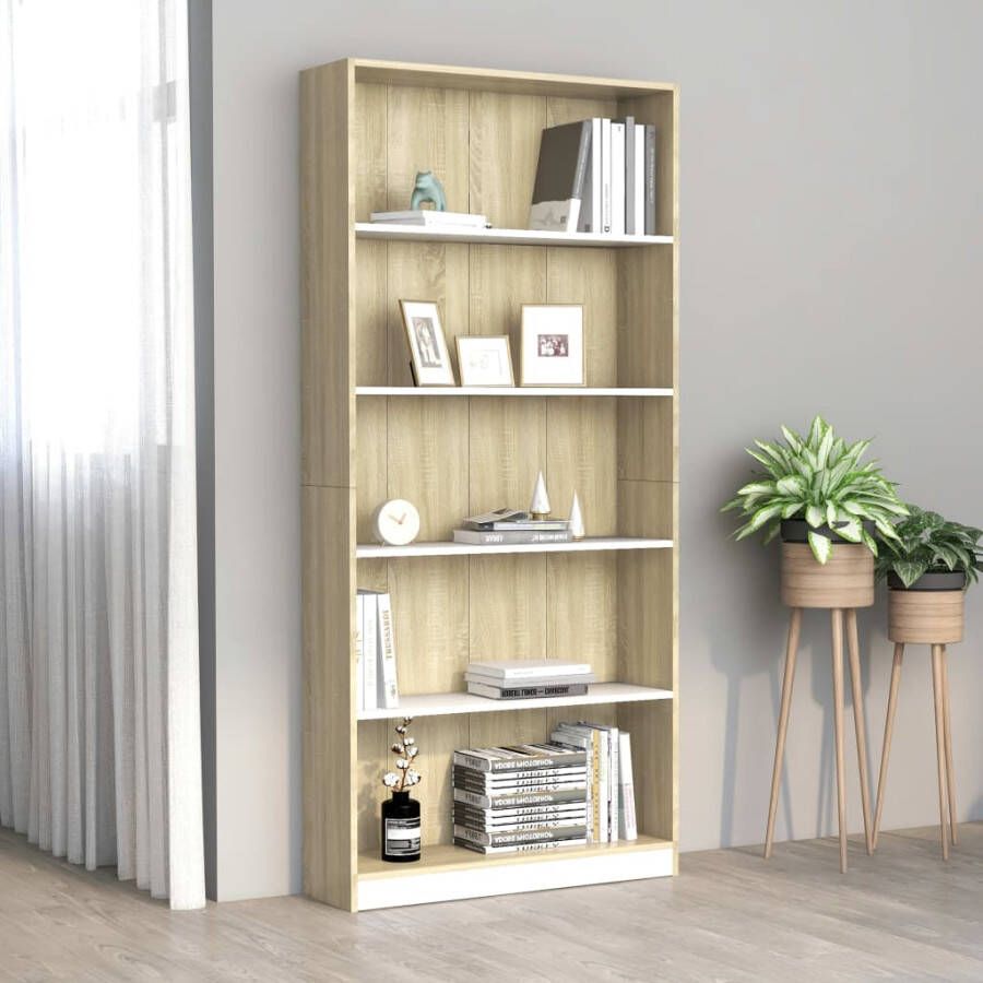 VidaXL -Boekenkast-met-5-schappen-80x24x175cm-bewerkt-hout-wit-en-eiken - Foto 2