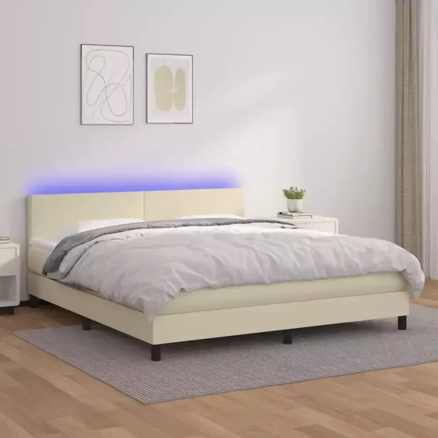 VidaXL -Boxspring-met-matras-en-LED-kunstleer-crèmekleurig-180x200-cm