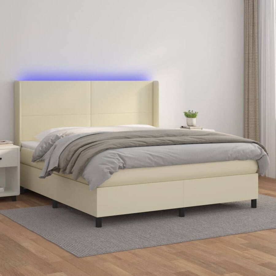 VidaXL -Boxspring-met-matras-en-LED-kunstleer-crèmekleurig-180x200-cm