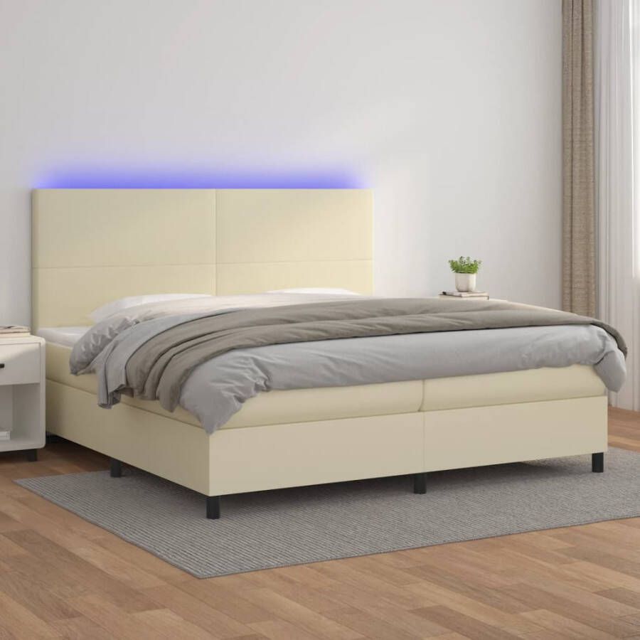 VidaXL -Boxspring-met-matras-en-LED-kunstleer-crèmekleurig-200x200-cm