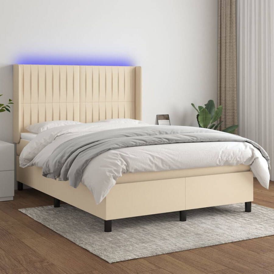 VidaXL -Boxspring-met-matras-en-LED-stof-crèmekleurig-140x200-cm