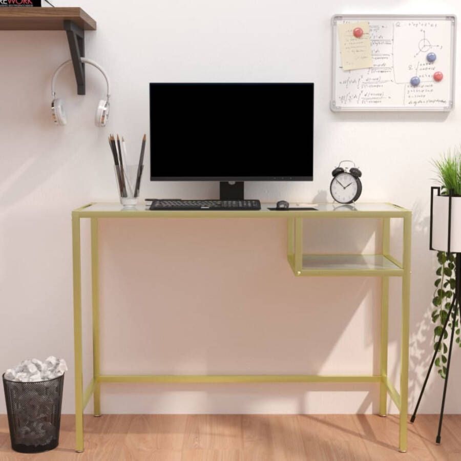VidaXL Computerbureau 100x36x74 cm glas wit en goudkleurig - Foto 1