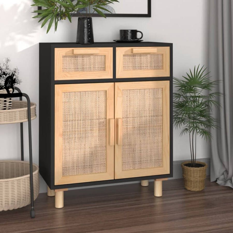 VidaXL -Dressoir-60x30x75-cm-massief-grenen-hout-en-rattan-zwart - Foto 2