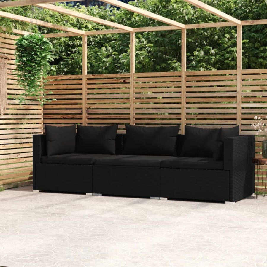 VIDAXL Driezitsbank met kussens poly rattan zwart - Foto 4