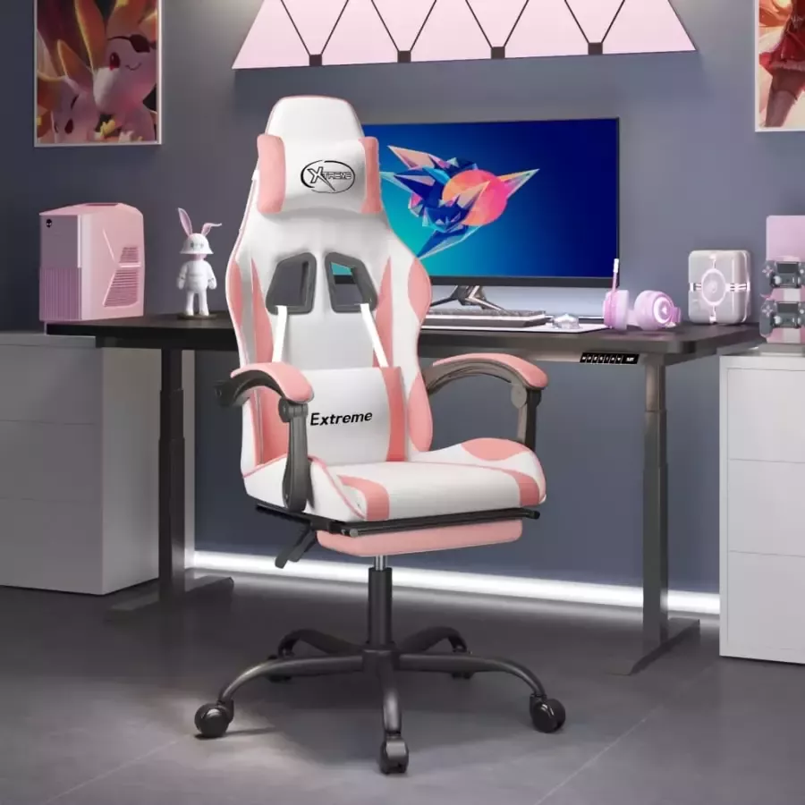 VidaXL Gamestoel met voetensteun kunstleer wit en roze Gamingstoel Gamingstoelen Televisiestoel Racingstoel
