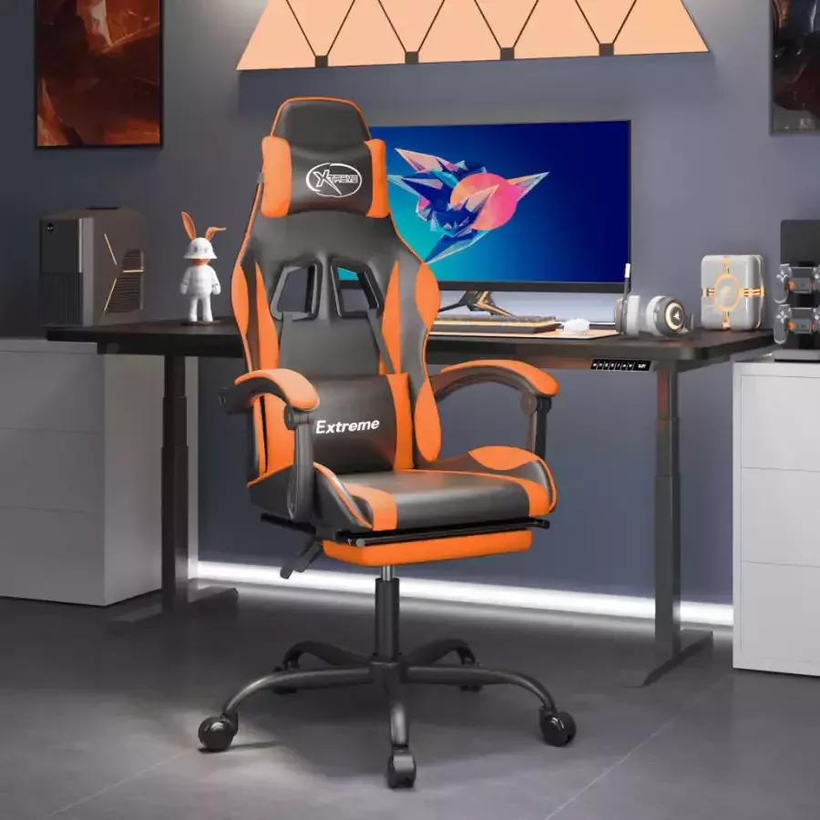 VidaXL -Gamestoel-draaibaar-met-voetensteun-kunstleer-zwart-en-oranje - Foto 2