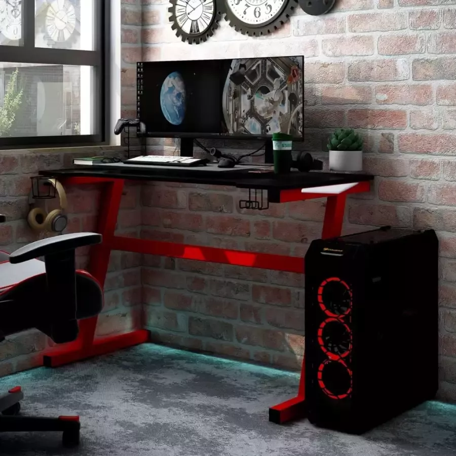 VidaXL Gamingbureau met Z-vormige poten LED 110x60x75 cm zwart en rood - Foto 1