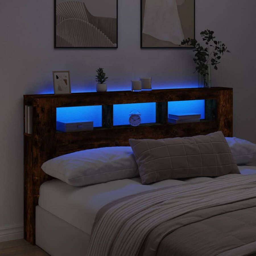 VidaXL Hoofdkussen LED Hoofdbord Hoofdeinde met LED 180x18 5x103 5 cm bewerkt hout gerookt eiken Beddecoratie Bedroom Furniture Slaapkamerstijl