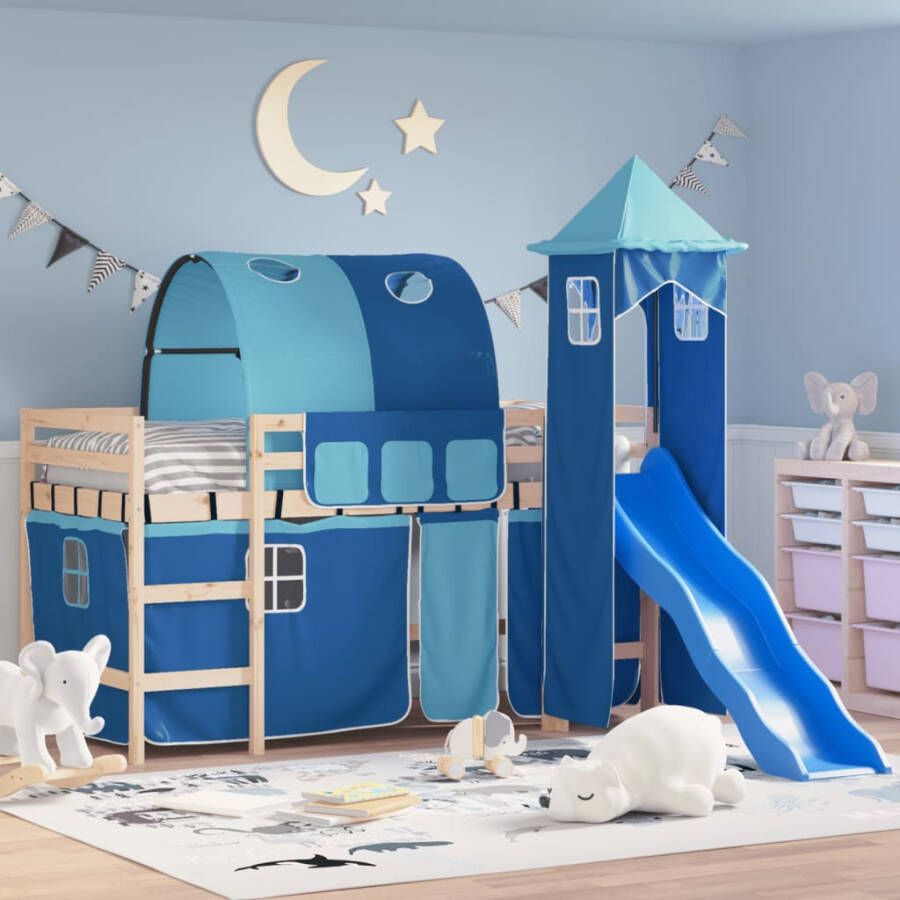 Vida XL Kinderhoogslaper met toren 90x200 cm massief grenenhout blauw SKU: V3207100