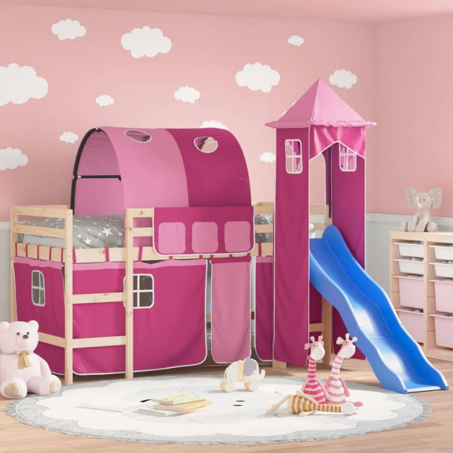 Vida XL Kinderhoogslaper met toren 90x200 cm massief grenenhout roze SKU: V3207101