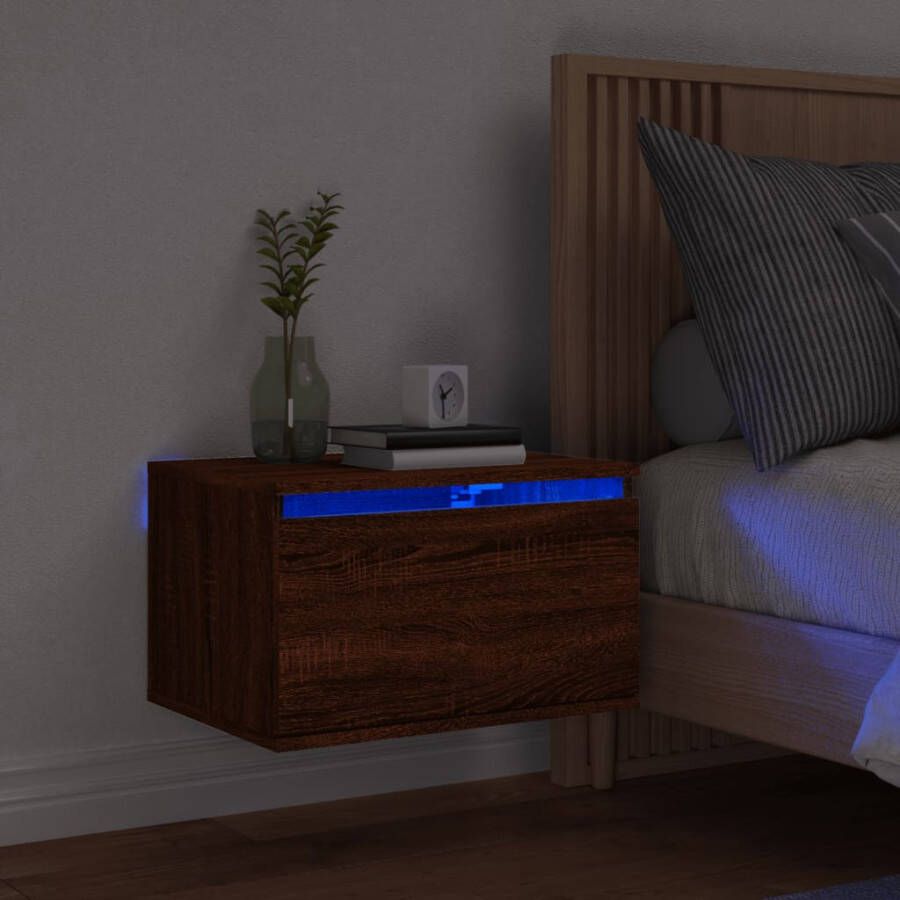 VidaXL Nachtkastje met LED&apos;s wandgemonteerd bruineikenkleurig - Foto 2