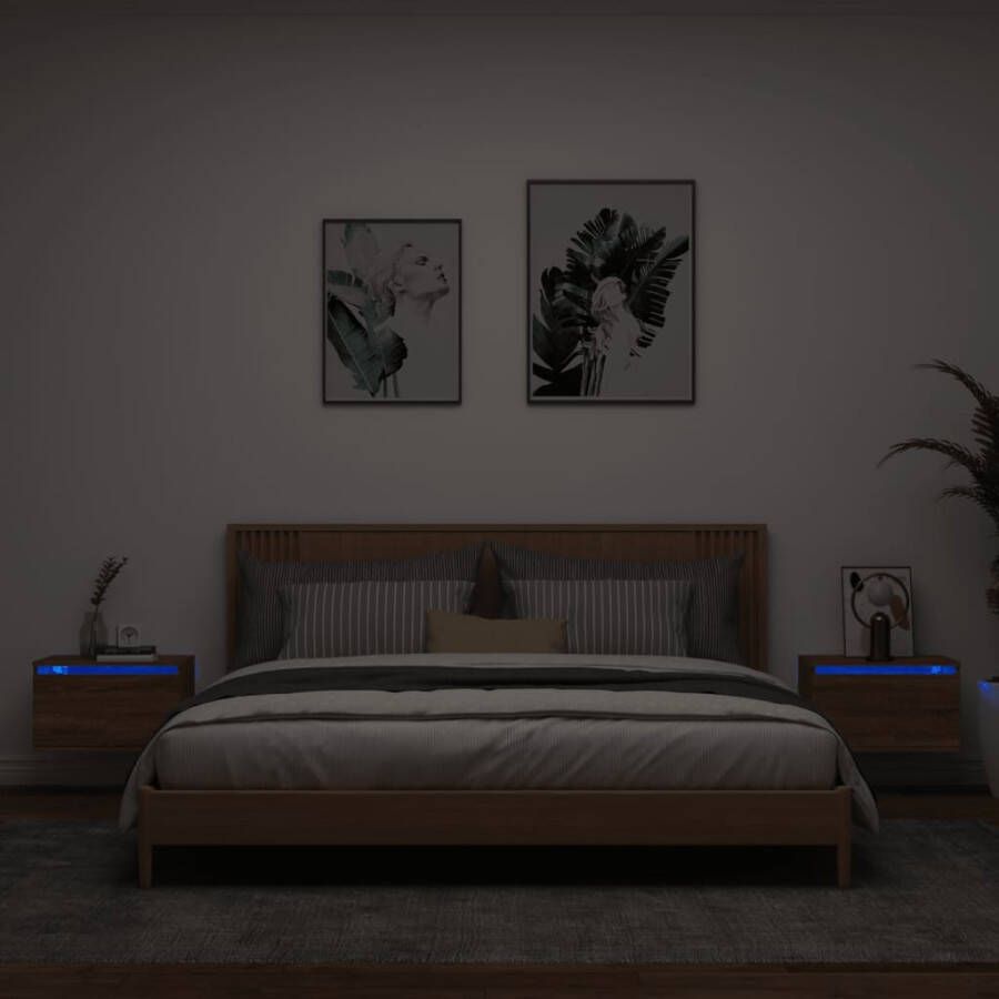 VidaXL Nachtkastjes met LED&apos;s 2 st wandgemonteerd bruineikenkleurig - Foto 3